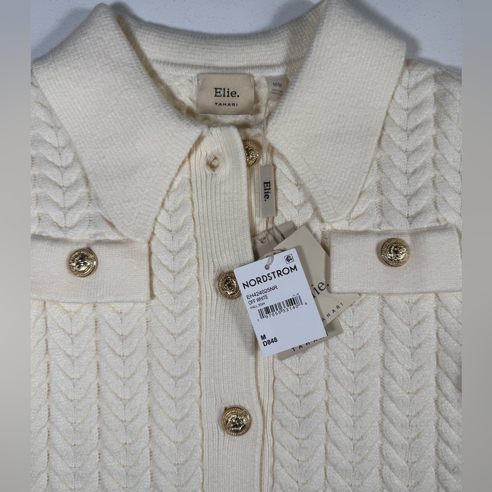 NWT Elie Tahari Cream Cable Knit Jacket Cardigan size M Gold Crest Buttons - Picture 4 of 10